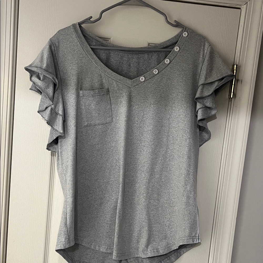 Gray Ruffle Sleeve V-Neck Top